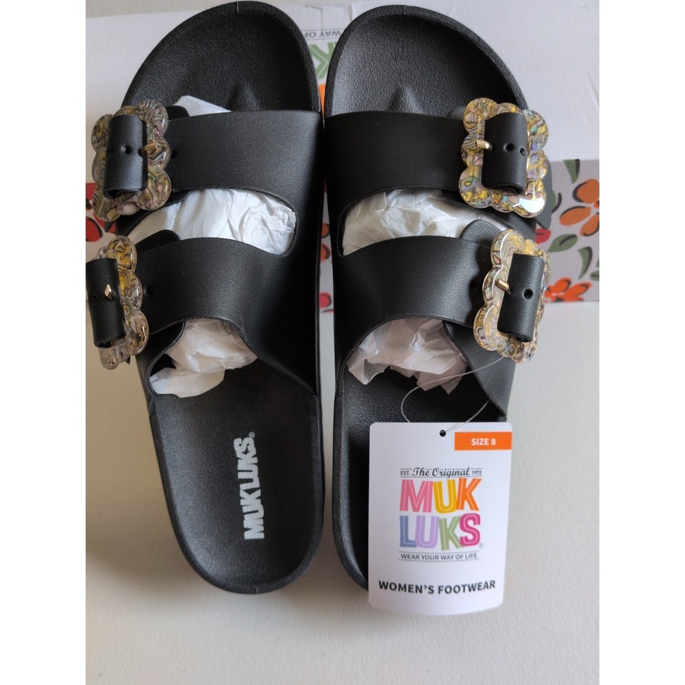 MUK LUKS Double Buckle Summer  Slide Sandals Isla‎ Black Size 8 NIB